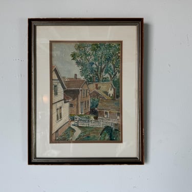 1920's Vintage Irwin Rosen Village Landscape Watercolor Painting, Framed 