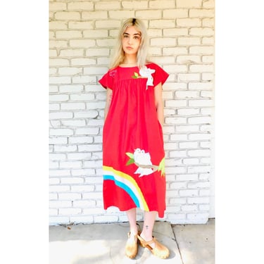 Rainbow Bird Dress // vintage 70s 1970s boho hippie red midi birds embroidered Mexican hippy sun 70's 1970's // O/S 