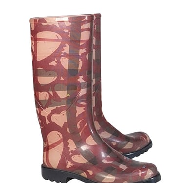 Burberry - Red & Cream Graffiti Heart Print Tall Rain Boots Sz 7