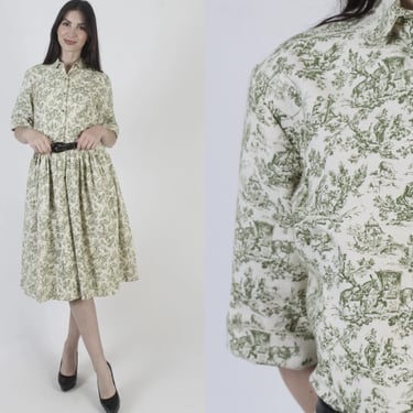 Cottagecore Toile Print Dress, Vintage French Colonial, Victorian Village Scene, Womens Size XL 