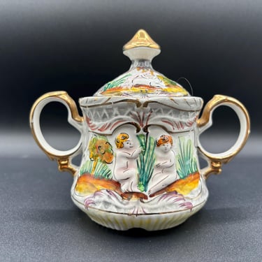 Vintage Pereiras Valado Portugal Hand Painted cherubs sugar bowl with Lid by LeChalet