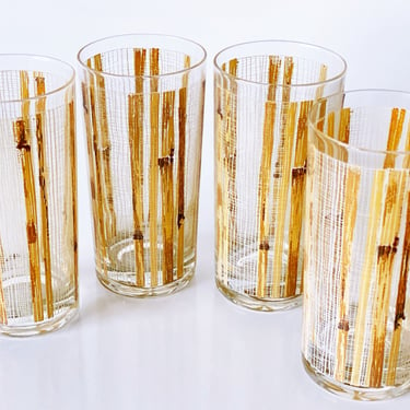 4 Vintage highball glasses by Cera glassware in a bamboo pattern for Tiki bar tropical cocktails, mocktails, or beer. Natural bamboo color 
