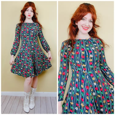 1970s Vintage Acrylic Blue Floral Mini Dress / 70s / Seventies Multi Color Fit and Flare Dress / Size XS - Small 