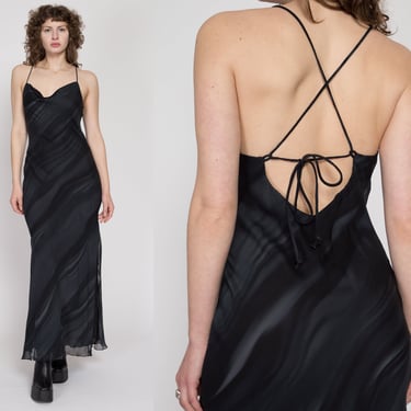 Medium 90s Smoke Print Strappy Cross Back Bias Cut Dress | Vintage Black & Blue Slinky Open Back Formal Gown 