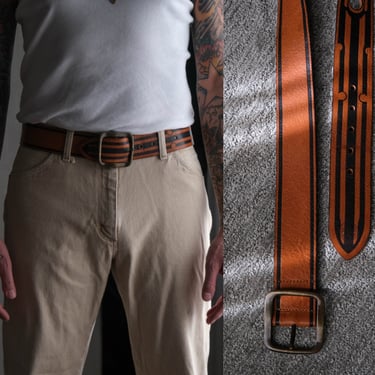 Vintage DIESEL Saddle Tan & Black Leather Space Age Cutout Belt w/ Brass Buckle | Made in Italy | 100% Genuine Leather | Y2K Designer Belt 
