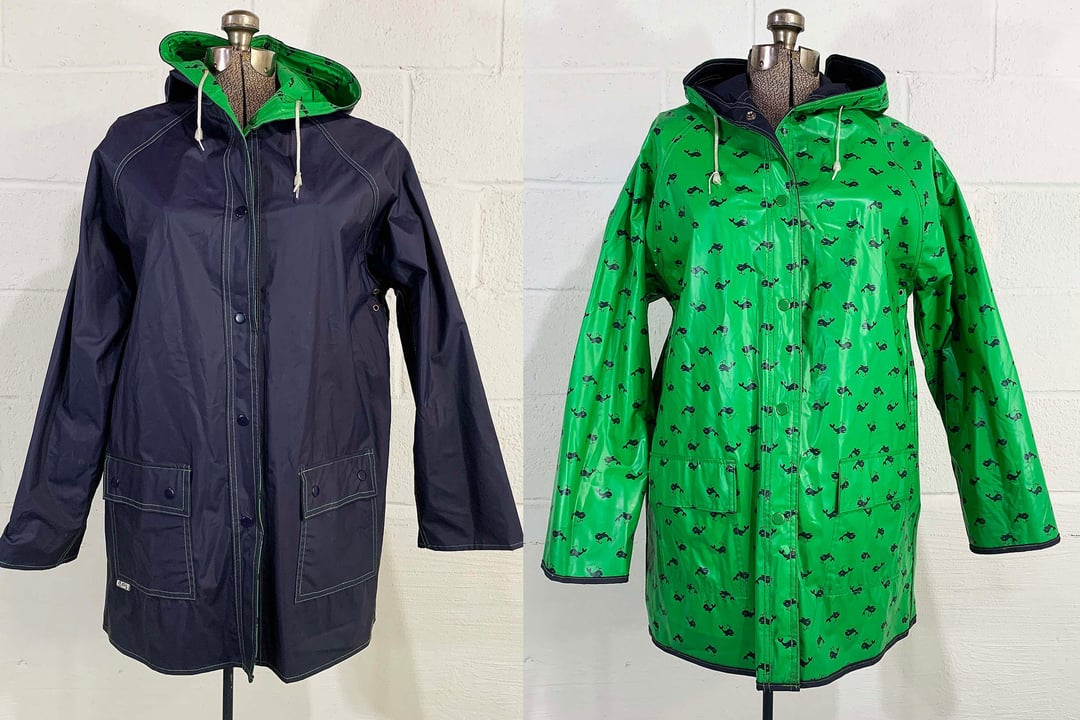 Vintage Raincoat Whale Print Kelly Green Navy Blue Coat Reversabile Check Engine Vintage Washington DC