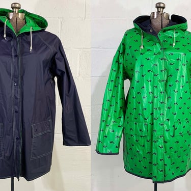 Vintage Raincoat Whale Print Kelly Green Navy Blue Coat Reversabile Rain Jacket Hood Hooded Dopamine Dressing Colorful 1980s 1990s Large XL 