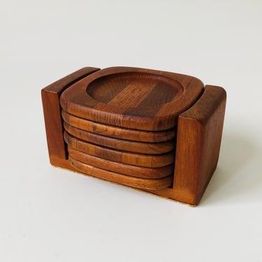 Vintage Square Wood Coaster Set in Holder 