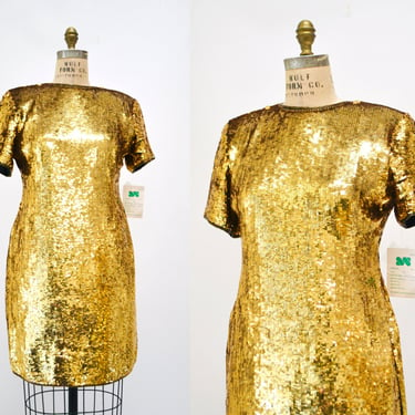 80s 90s Vintage Gold Sequin Dress Vintage Gold Metallic Dress Small Medium// Sequin Dress Flapper Inspired Cher Dress 80s Glam 