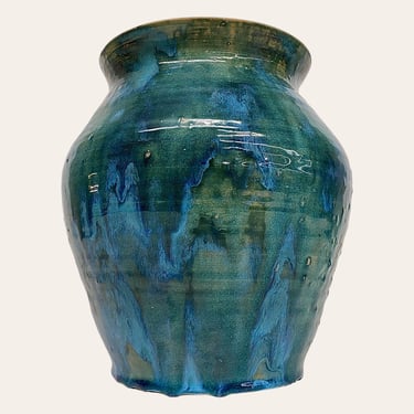 Vintage Vase Retro 1980s Bohemian + 10" H + Ceramic + Turqioise/Blue/Green + Drip Glaze + Handmade + Boho Home Decor + Pottery + Decoration 
