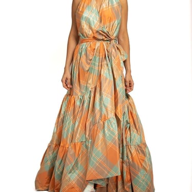 MORPHEW COLLECTION Orange & Aqua Silk Taffeta Plaid Gown MASTER 