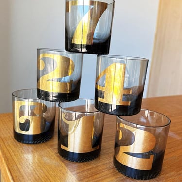 Mid Century Glasses MCM Smoke Grey Glass, Metallic Gold NUMBERS, Set of 6, 1960's, 1970's Vintage Double Old Fashion DOF Drinking Tumbler 