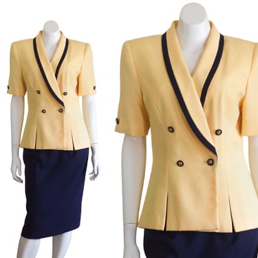 1990s yellow and navy blue skirt suit 