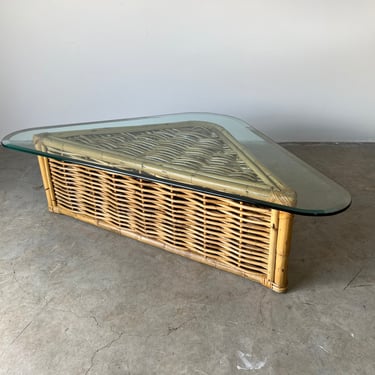 Vintage Triangular Rattan Coffee Table W/ Beveled Glass Top 
