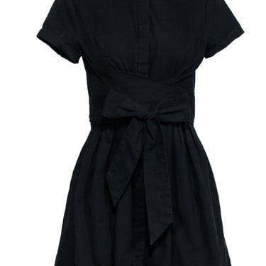 Free People - Black Short Sleeve Button-Up Dress w/ Waist Belt Sz 6