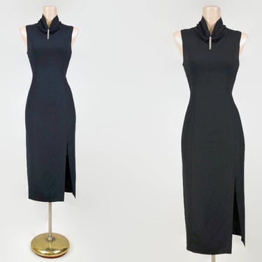 VINTAGE 90s does 50s Black Curvy Sheath Dress with Rhinestone Accents by N.R.1 | 1990s Art-Deco High Neck Wiggle Cocktail Dress | VFG 