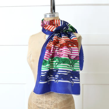 vintage 1950s long silk scarf • bright stripes MCM zebra novelty print scarf 