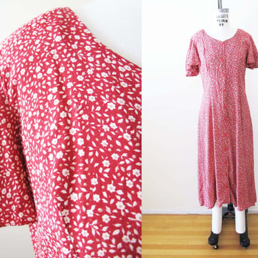 90s Red Floral Grunge Midi Dress Small  - Vintage 1990s Rampage Long Button Front Flower Print Maxi Sundress 