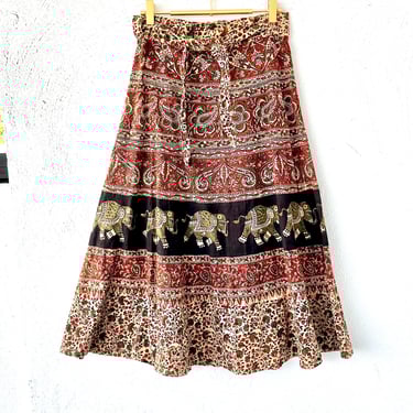 Vintage 70s Indian Block Print Wrap Skirt 1970s India Boho Hippie Full Folk Midi Skirt 