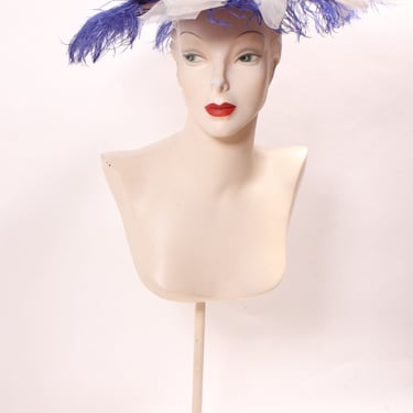 1980s Does Edwardian Victorian Style Wide Brim Purple Straw Hat with Blue Feather and Faux Flowers Floral Hat 