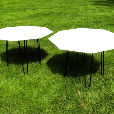 Matching Pair of Vintage Mid Century Italian White Marble Octagon End Tables Nightstands with Hairpin Legs 