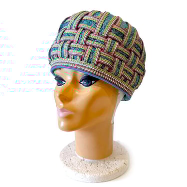1960s Christian DIOR Hat, Women's Fashion Hat in Blue and Magenta, Woven Raffia Straw Hat for Fashionista, Vintage Couture Hat / Size 22 