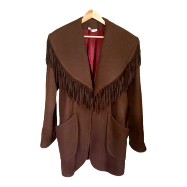 Fringe Trimmed Coat, Brown Wool Vintage 90s Wide Collar Coat, Mid Length Oversized Southwestern Style Boho Western Warm Winter Coat Large 