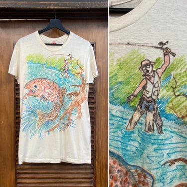 Vintage 1970’s Cartoon Artwork Fisherman Pop Art Cotton Hanes T-Shirt, 70’s Custom Vintage, 70’s Tee Shirt, Vintage Clothing 