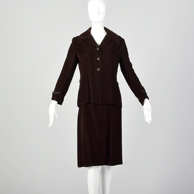 Medium Pierre Balmin Skirt Suit 1970s Brown Velvet Matching  Blazer Jacket Two Piece Set 