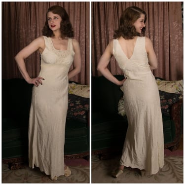 1930s Nightgown - Lovely 30s Bias Silk Floral Brocade Nightgown with Chiffon and Net Applique 