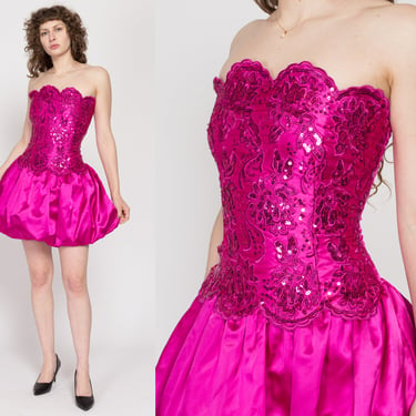 Small 80s Gunne Sax Hot Pink Sequin Bubble Hem Party Dress | Vintage Strapless Fit and Flare Prom Formal Mini Gown 