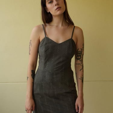 80s Leather Dress / New Old Stock Gray Suede Leather Wiggle Dress / perforated Leather Dress 