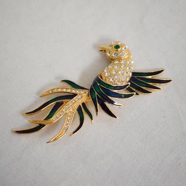 Vintage Huge Rhinestone and Enamel Bird Brooch 