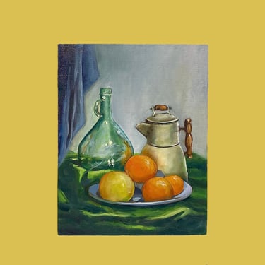 Vintage Still Life Painting 1990s Retro Size 14x11 Country + Farmhouse + Oranges and Kettle + Kitchen Wall Art + Fruit Drawing + Home Decor 