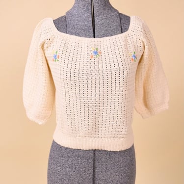 Cream Handmade Crochet Boatneck Top with Embroidered Flowers, XS