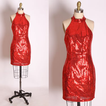 1980s Red Sequin Lurex Bodycon Hourglass Open Back Halter Neck Look Mini Dress by Fredericks of Hollywood -S 