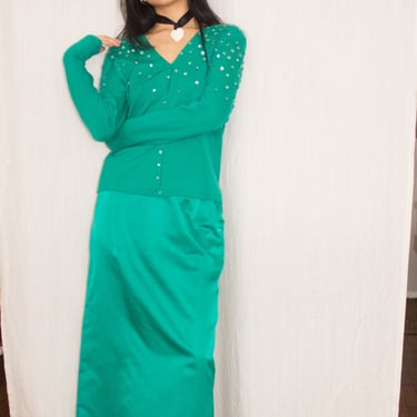 1960s Emerald Satin Column Skirt 