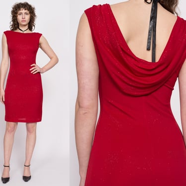 90s Red Cowl Low Back Party Dress - Small | Vintage Slinky Draped Back Sleeveless Sparkle Mini Dress 