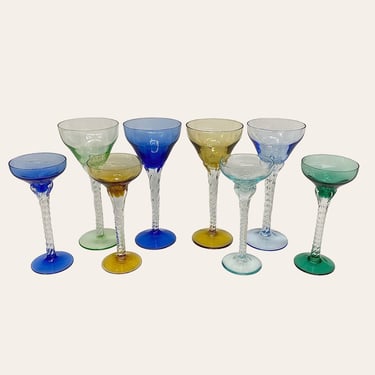 Vintage Blefeld Wine and Cordial Glasses Retro 1940s Hand Blown + Crystal + Harlequin + Twisted Stem + Set of 8 + Barware + Drinking 