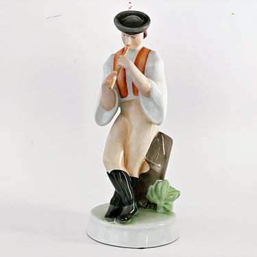 10" Zsolnay Hungarian Porcelain Figurine Shepherd playing flute Folk art Cottage chic decor Artist Signed 
