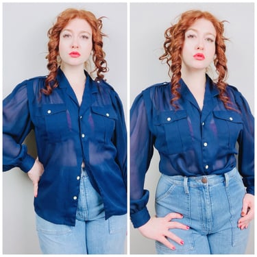 1980s Vintage T.A. Whitney Navy Sheer Blouse / 80s See Through Blue Epaulet Button Shirt / Size Large 