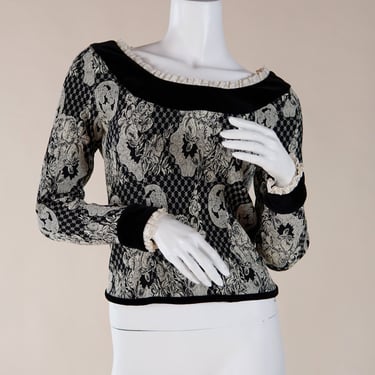 F/W 1994 Chantal Thomass top with velvet and lace trim - vintage 1990s French designer boatneck top 