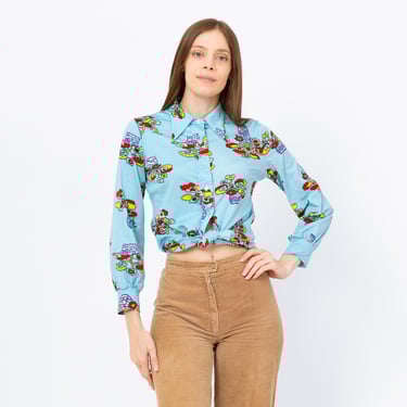 Vintage 70s Blue Flower Pot Novelty Print Shirt - Small to Petite Medium | Boho Floral Long Sleeve Top, Button Up Dagger Collar Blouse 