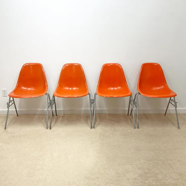 Herman Miller Eames (4) fiberglass orange side shell chair stacking base set of 4 mid century 