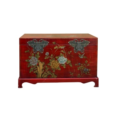 Vintage Distressed Brick Red Veneer Flower Birds Oriental Trunk Table cs7814E 