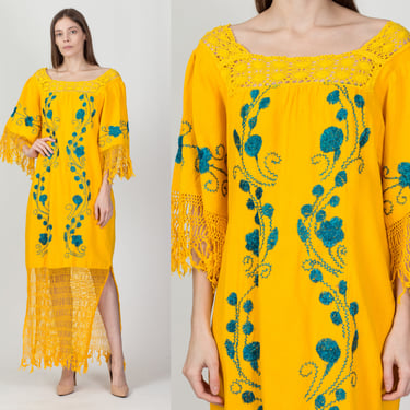 Vintage Yellow Embroidered Fringe Kaftan Dress - One Size | 70s Boho Mexican Crochet Trim Hippie Maxi 