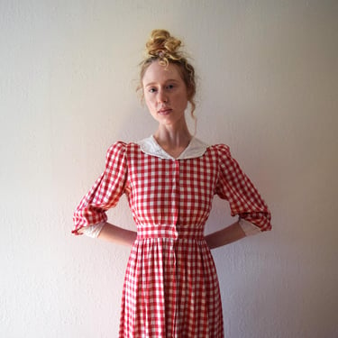 Antique gingham dress . Edwardian check day dress . size xs 