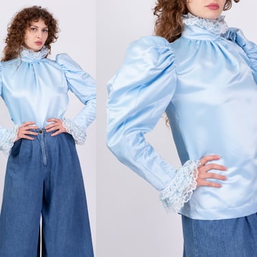 70s Does Victorian Blue Satin Puff Sleeve Blouse - Medium | Vintage Lace High Collar Button Back Costume Top 