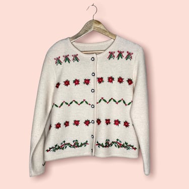 Vintage White Wool Christmas Cardigan Sweater Embroidered Garland Poinsettia Size M 