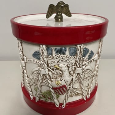 Rare Vintage Cookie Jar 9th Regiment US Infantry Drum Form With A Metal Finial, military decor, collectible cookie jars kitchen shelf decor 
